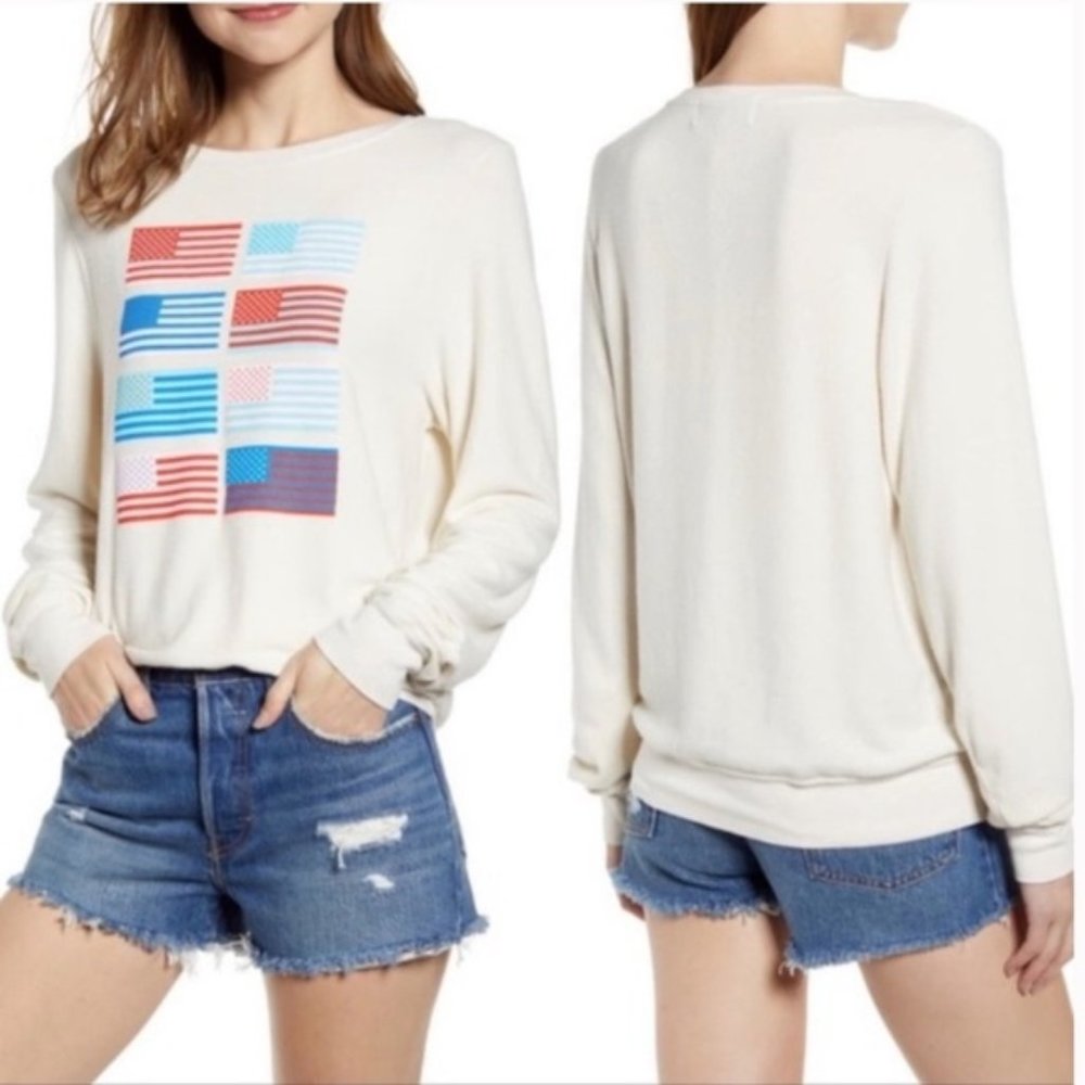 Wildfox Cream Pullover Sweatshirt with Red & Blue Flag Print
